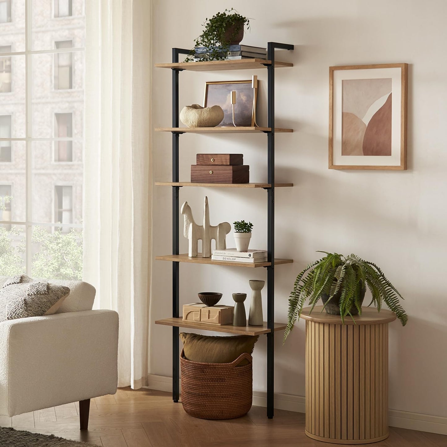 mopio Norwin Ladder Book Shelf, Wall Bookshelf, Farmhouse Industrial Bookcase, Narrow Slim Organizer Display Shelves, Living Room, Bedroom (5-Tier Shelf) - WoodArtSupply