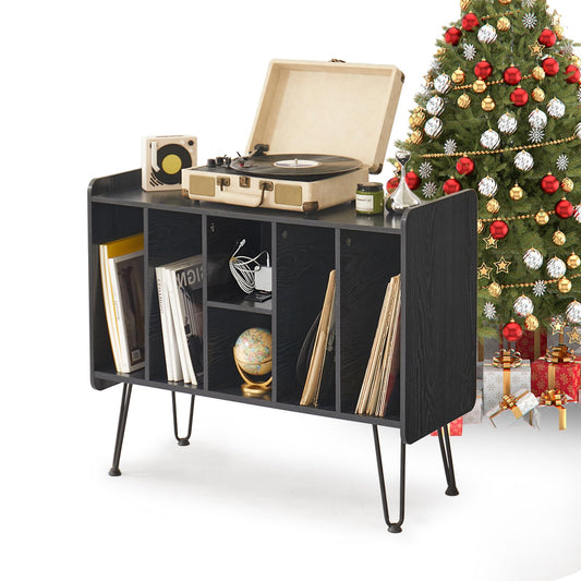 Asnefeli Record Player Stand, Vinyl Record Storage with Display Area, Wooden Turntable Stand with Storage, Record Player Table Holds Up to 300 Albums for Music Room Living Room (Black)