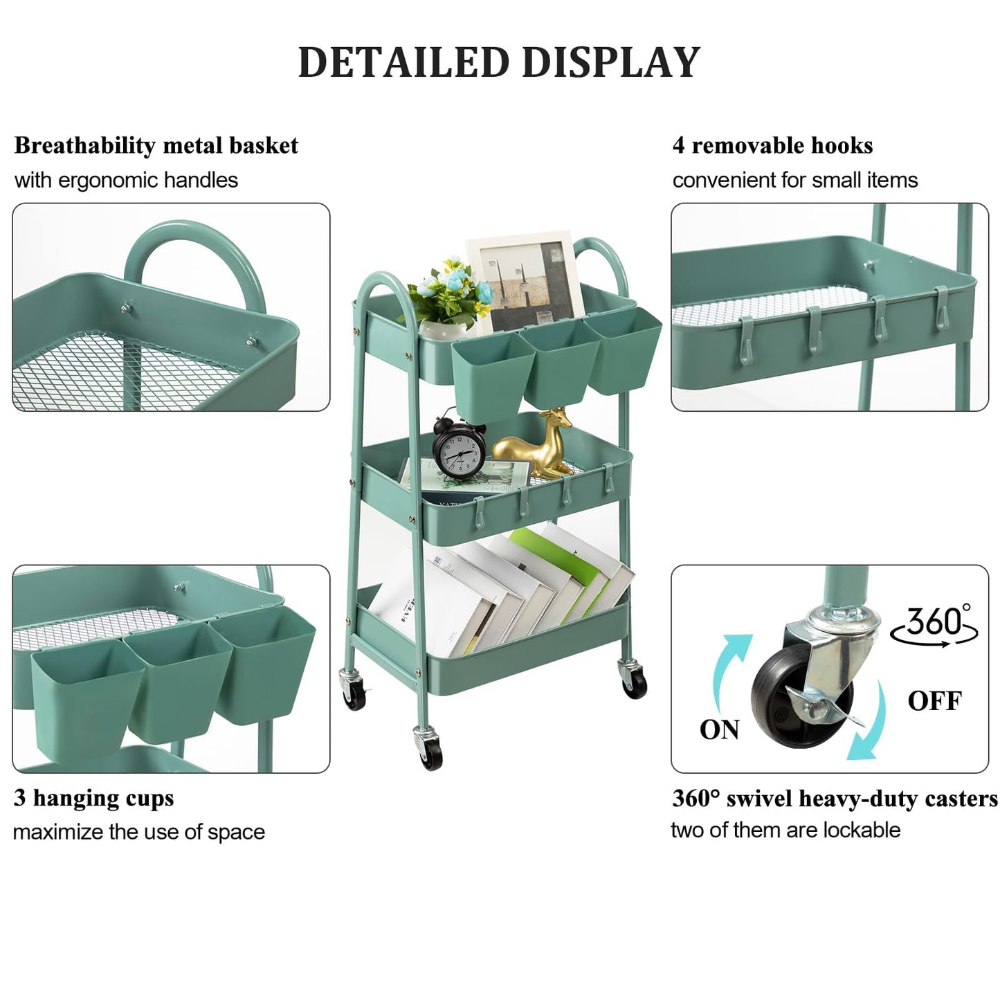 danpinera 3-Tier Rolling Cart, Metal Rolling Storage Cart with Lockable Wheels & Hanging Cups & Hooks, Mobile Trolley Cart for Kitchen, Bathroom, Office, Workshop, Green - WoodArtSupply