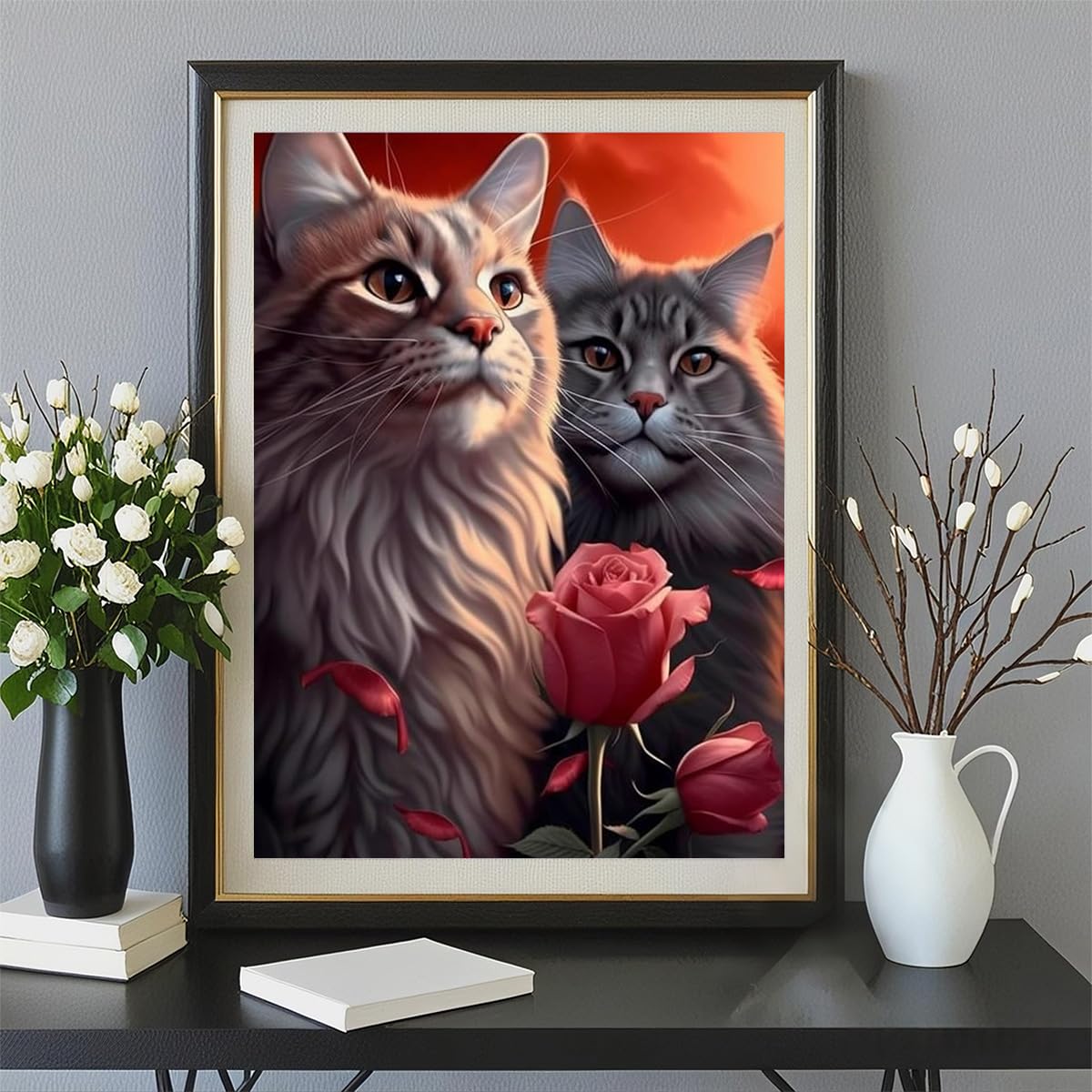 Amz Camel DIY 5D Diamond Art Kits for Adults, 30x40cm Two Cats with Roses Crystal Bead Painting, Modern Artwork for Relaxation and Gift Giving Amz Camel