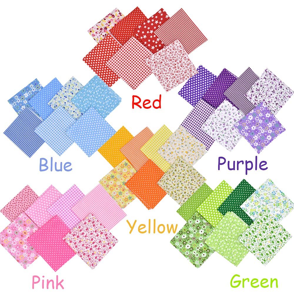 42Pcs 10"x10" Quilting Cotton Fabric Squares Sheets Pre-Cut Multi-Color Design Printed Floral Craft Fabric for DIY Sewing Scrapbooking Quilting Craft Patchwork (Red/Pink/Yellow/Green/Blue/Purple) HDST-HOME