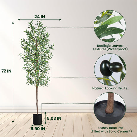 CETRD Artificial Olive Tree, 6FT Tall Faux Olive Trees 72in Outdoor Fake Potted Silk Plant with Trunk and Realistic 648 Leaves and 24 Fruits for Modern Office Home Decor Indoor（1pack） CETRD