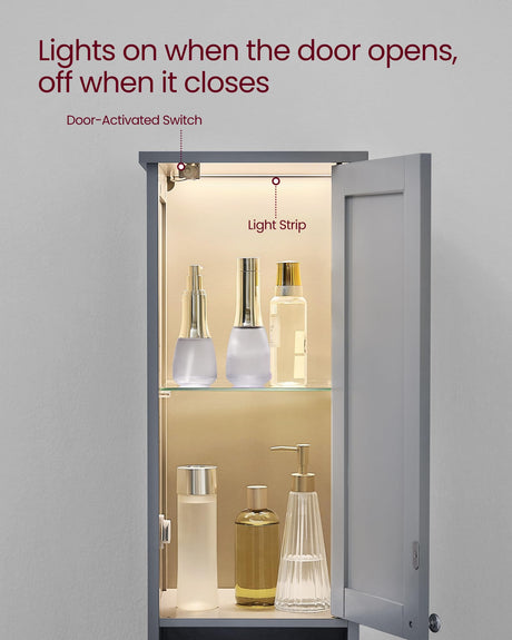 VASAGLE Tall Bathroom Cabinet with Lights, Slim Bathroom Storage Cabinet, Freestanding Narrow Cabinet with Adjustable Shelves, for Small Spaces, Modern, 11.8 Inches Wide, Dove Gray UBBC566G02 VASAGLE
