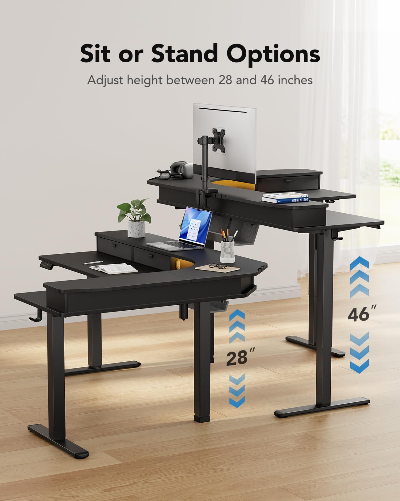 HUANUO 65″ L-Shaped Standing Desk with Power Outlets & LED Strip, Support C-Clamp Mount, Electric Height Adjustable Corner Computer Desk with 3 Drawers, Sit Stand Up Desk with Large Power Str - WoodArtSupply