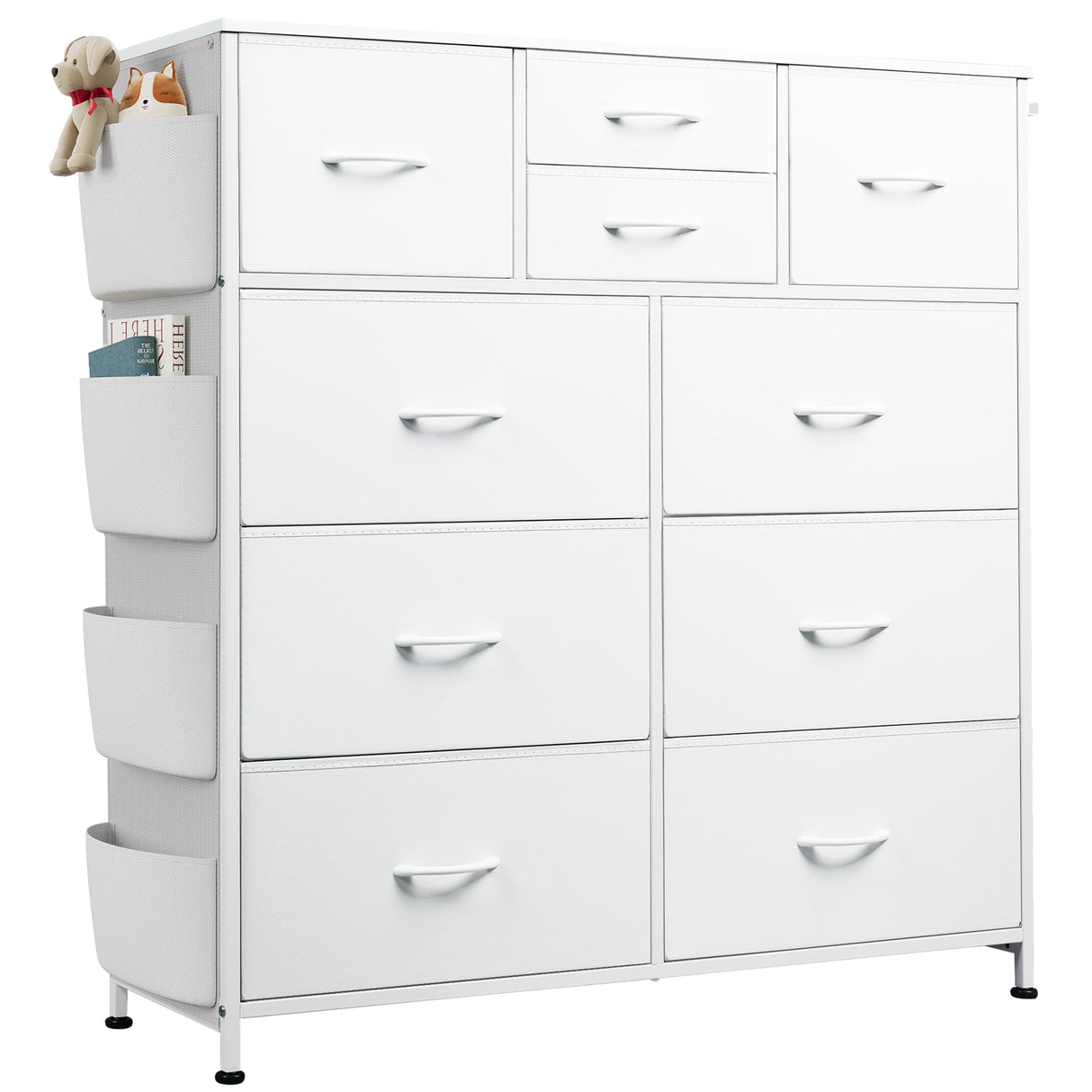 WLIVE White Dresser for Bedroom with 10 Drawers, Chest of Drawers with Side Pockets and Hooks, PU Storage Dresser, Sturdy Metal Frame, Drawers Organizer Unit for Living Room, Hallway, Closet WLIVE