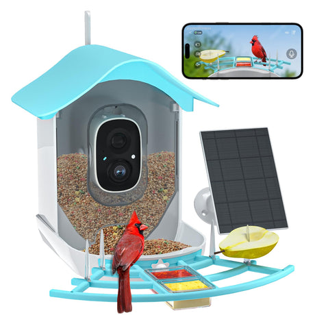DOCOON Smart Bird Feeder with Camera, 2K HD AI Identify Birds Species, Bird Watching Camera with Solar Panel, Auto Capture Bird Videos & Instant Notifications, Ideal Present for Bird Lover, Blue DOCOON