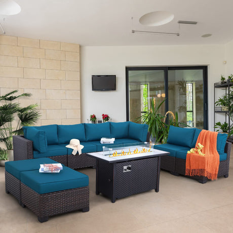 Lviden 9 Pieces Wicker Patio Furniture Set Outdoor PE Rattan Sectional Conversation Sofa Set with Peacock Blue Cushions and 45” gas fire pit table Lviden