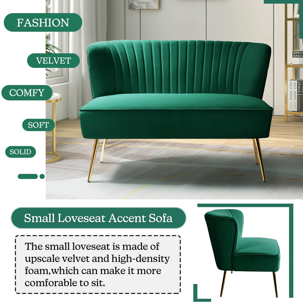 TINA'S HOME Contemporary Velvet Loveseat Sofa, Upholstered Loveseat Couch with Golden Metal Legs, Small Tufted 2-Seat Sofa Armless Love Seat for Living Room, Bedroom, Apartment Small Spaces, Green TINA'S HOME