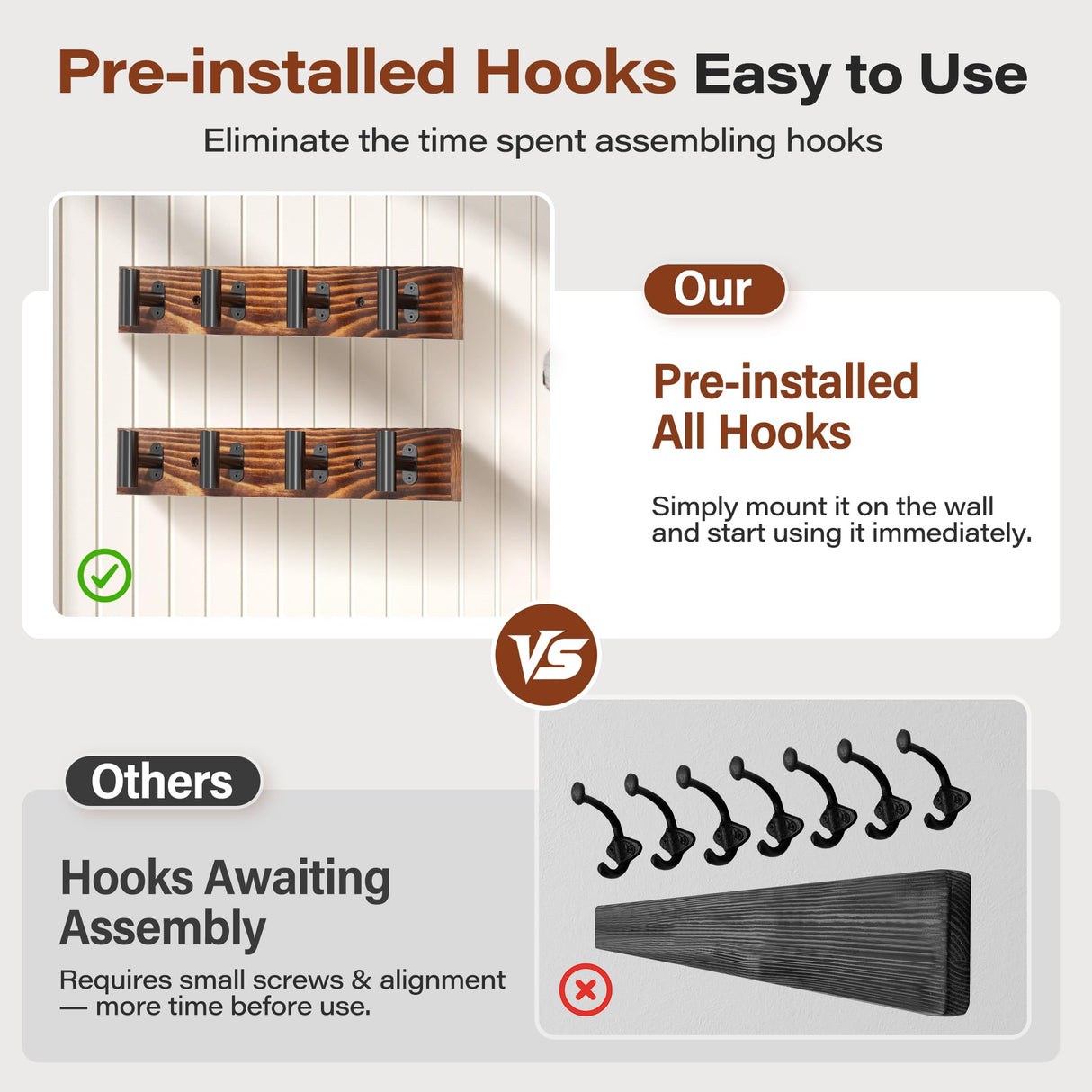 Orapoke Coat Rack Wall Mount 32.3", 2 Pack Rustic Coat Hanger with 8 Black Metal Heavy Duty T Shaped Hooks, Pine Soild Wood Large Coat Hooks Wall Mounted for Entryway, Living Room, Bathroom Orapoke