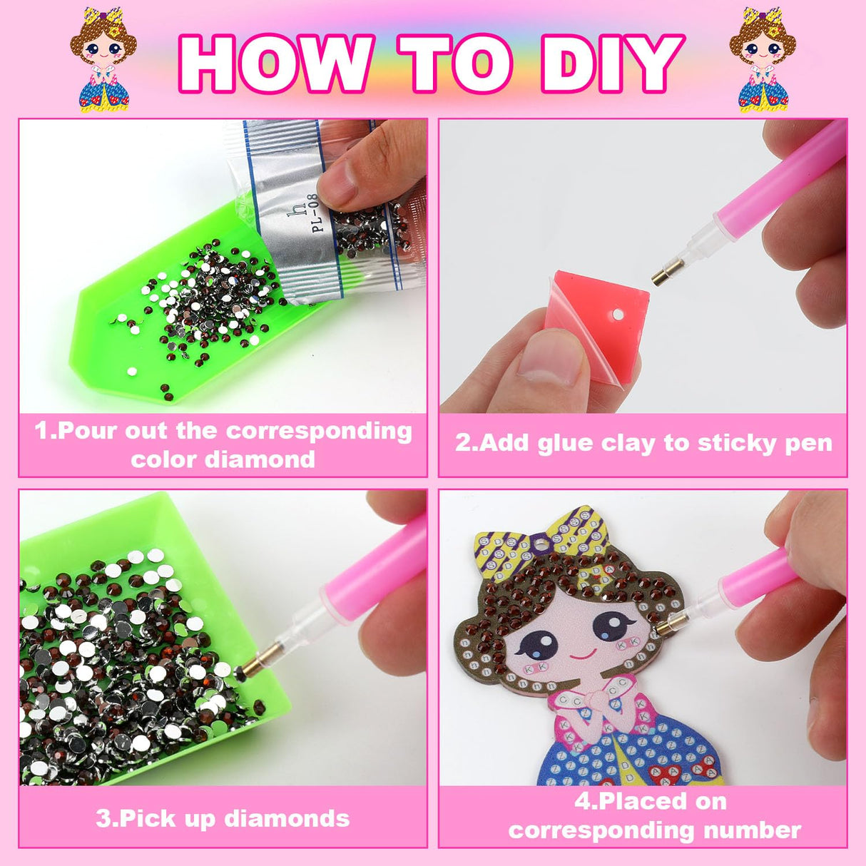 Labeol Arts and Crafts for Kids Ages 8-12 - Creat Your Own GEM Keychains-5D Diamond Art by Numbers GEM Art Kits for Kids Girls Toddler Crafts Age 6-7 6-8 10-12 (Princess) Labeol