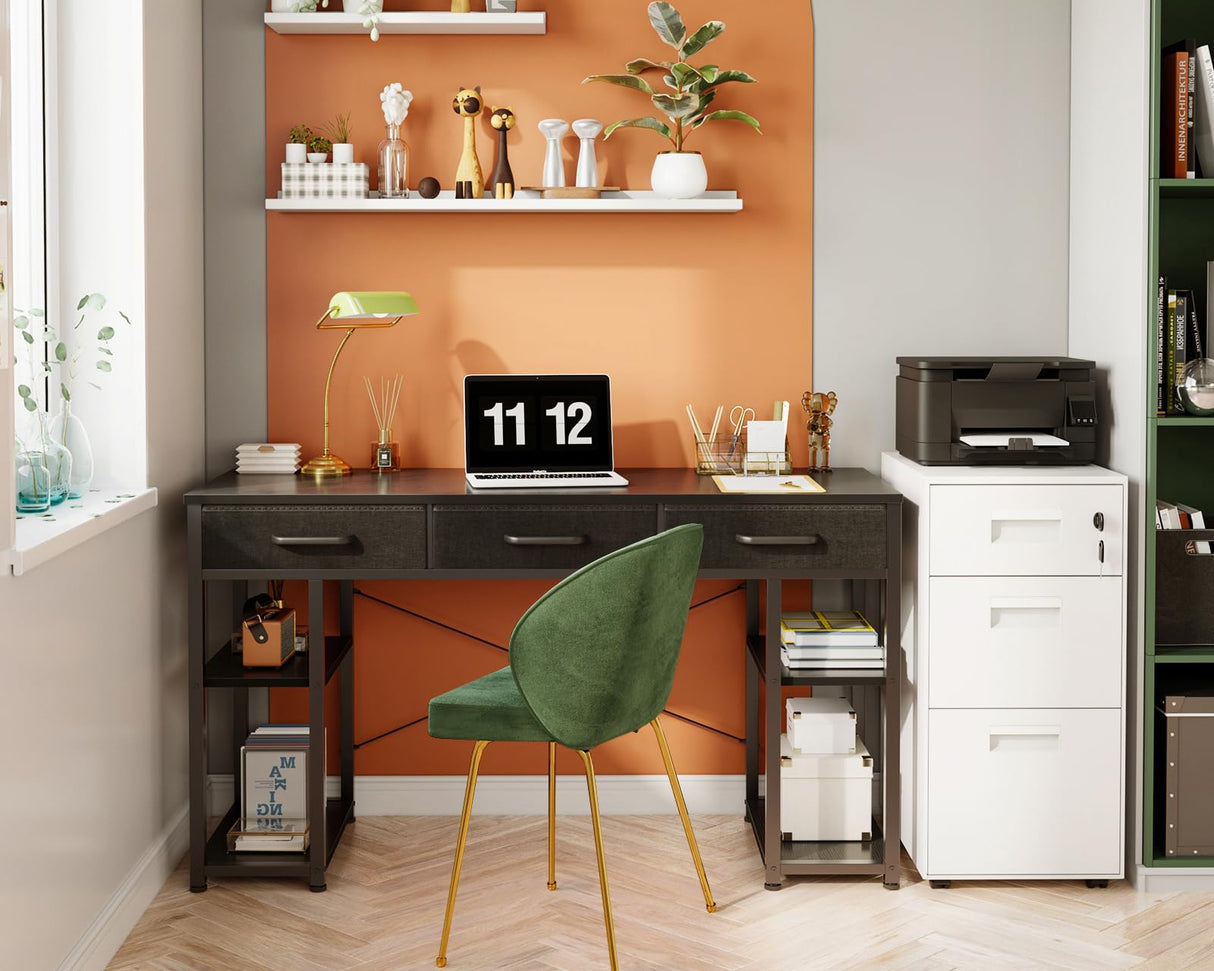 ODK Office Small Computer Desk: Home Table with Fabric Drawers & Storage Shelves, Modern Writing Desk, Black, 48"x16" ODK