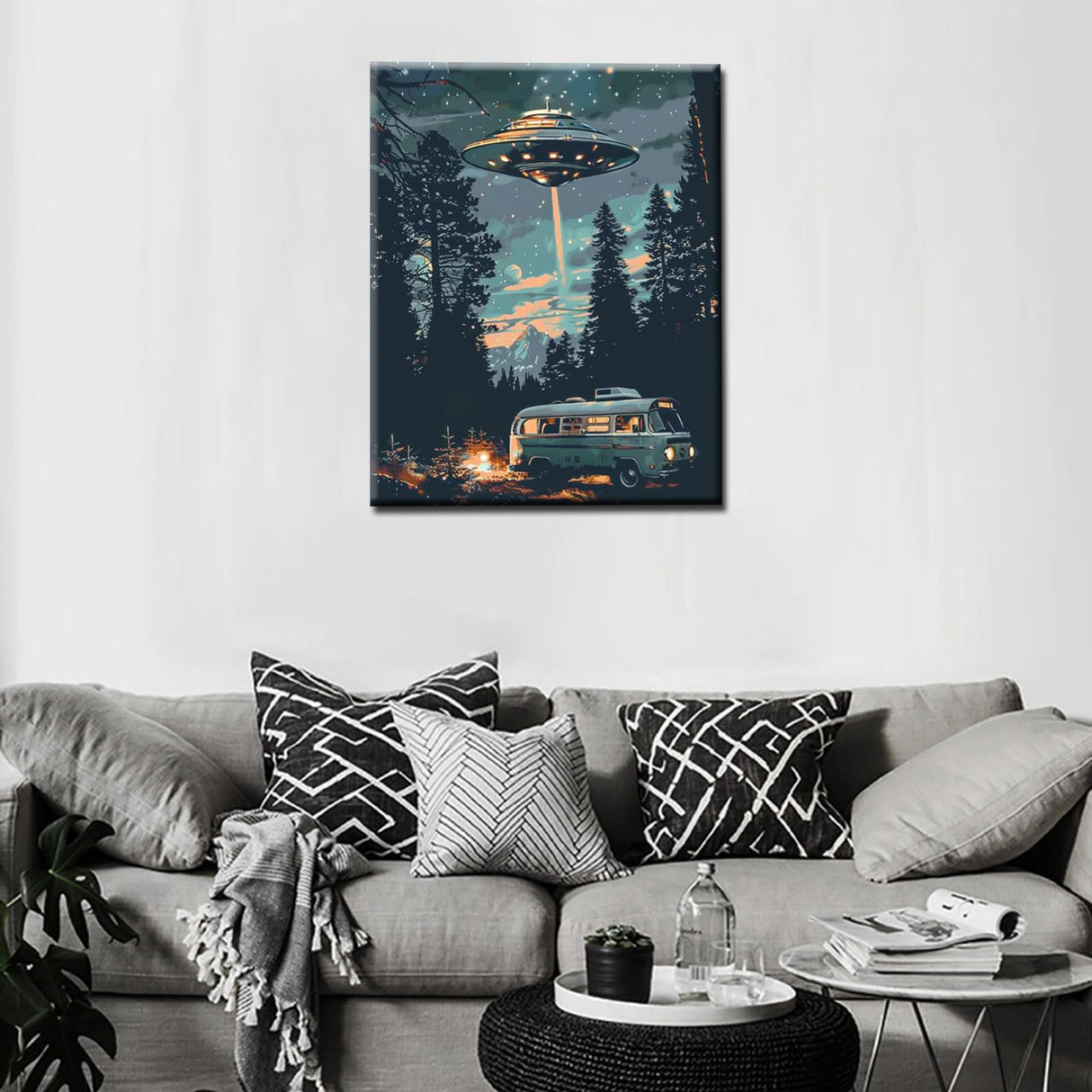 Tucocoo Starry UFO DIY Paint by Numbers for Adults Bus in Forest DIY Oil Painting Acrylic Paint Art Moon Stars Painting Kits Canvas with Acrylic Paint UFO Fantasy Decor 16x20 Inch （Without Frame ） Tucocoo