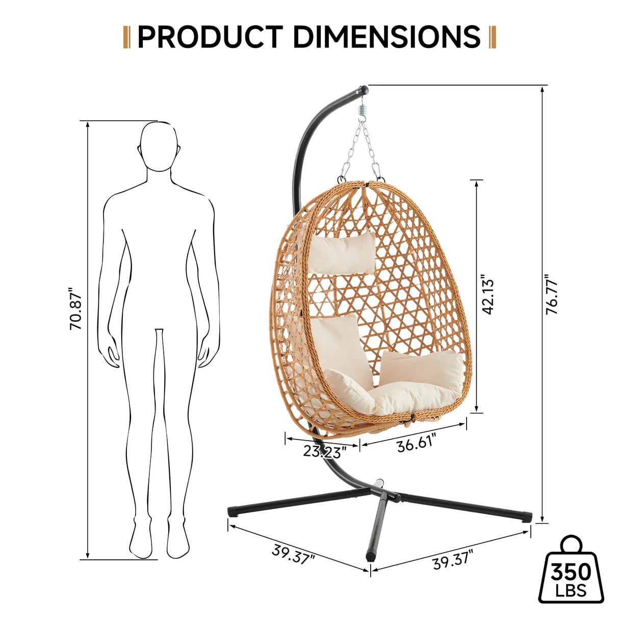 Thinlute Outdoor Hanging Egg Chair, Patio Wicker Swing Chair with Stand and Cushion, Wider Basket Seating, Hammock Chairs for Outside Balcony Backyard Bedroom Porch, Brown Thinlute