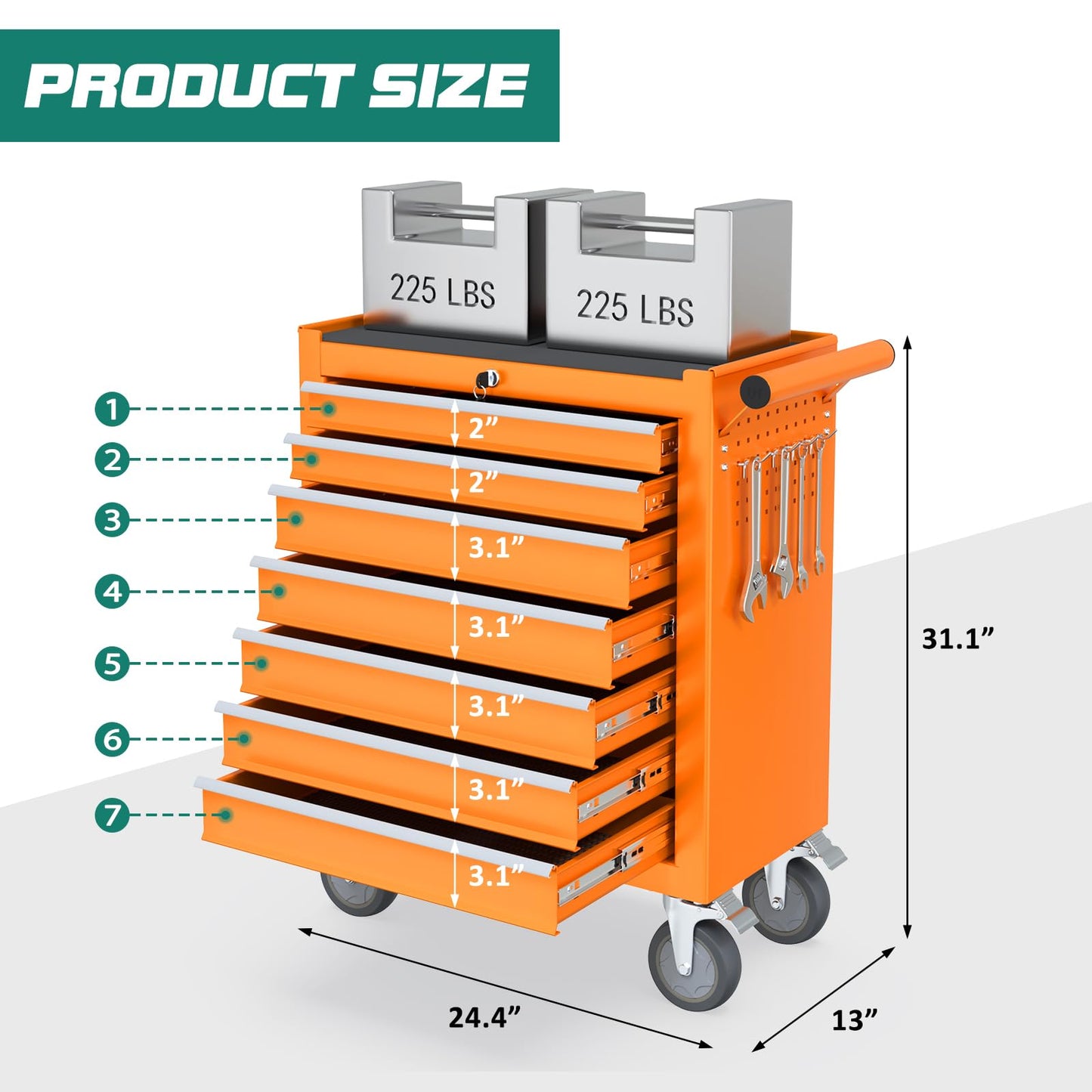 DUSACOM 7-Drawer Rolling Tool Chest Toolbox, Rolling Tool Box with Wheels, Tool Chest with Keyed Locking System and Drawer Liners, Tool Box Organizer for Garage, Warehouse, Workshop(Orange) - WoodArtSupply