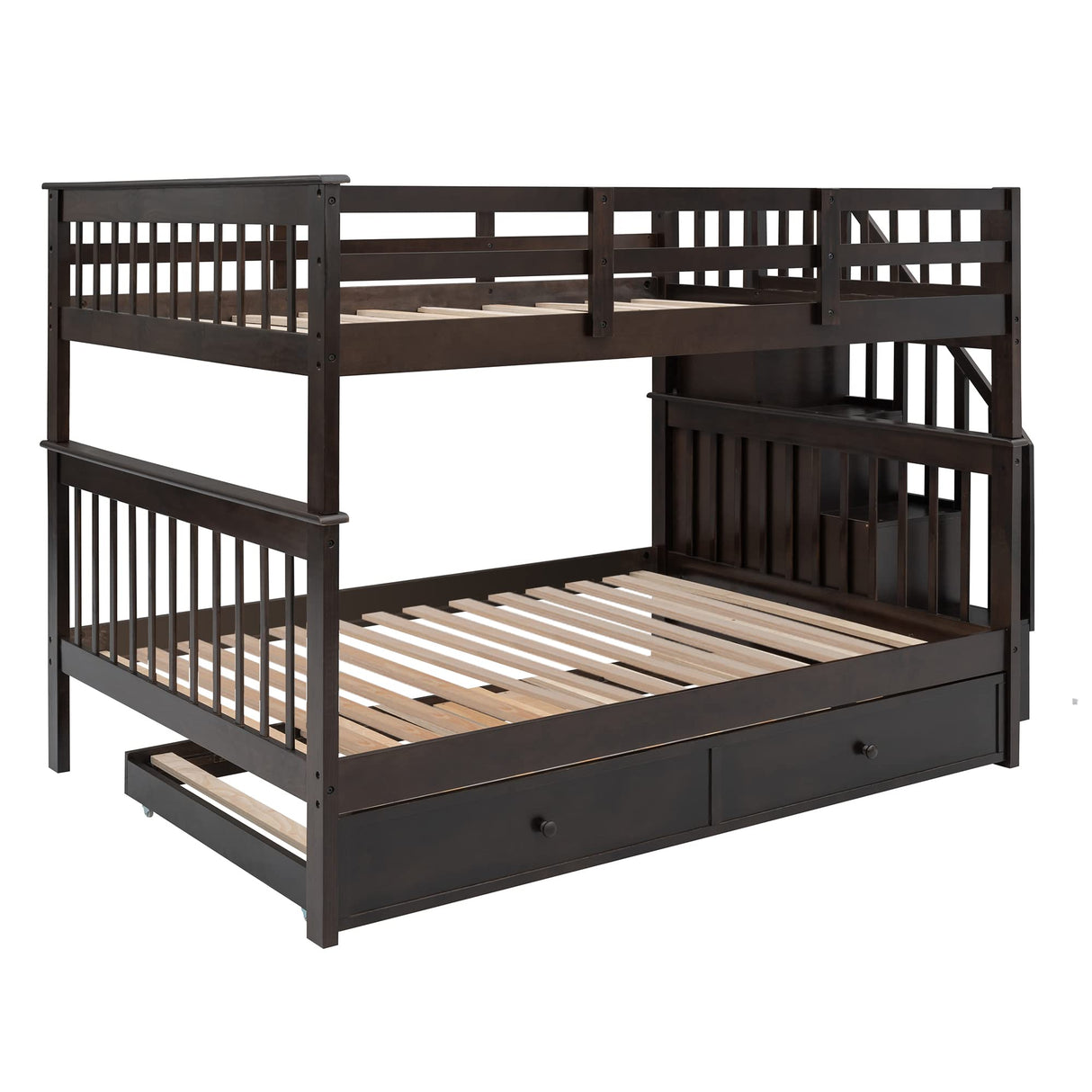 MERITLINE Wooden Bunk Bed Frame, Full Over Full Bunk Bed with Trundle, Bunk Beds with Stairs Full Size, Trundle Bunk Beds, Convertible Bunk Bed for Kids(Espresso) MERITLINE
