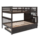 MERITLINE Wooden Bunk Bed Frame, Full Over Full Bunk Bed with Trundle, Bunk Beds with Stairs Full Size, Trundle Bunk Beds, Convertible Bunk Bed for Kids(Espresso) MERITLINE