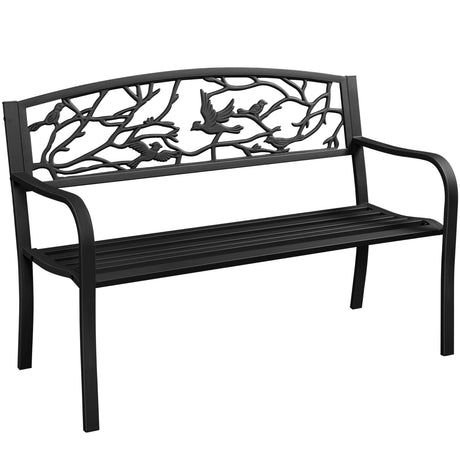 Yaheetech Outdoor Garden Bench Patio Furniture Chair Outdoor with Vintage Bird Pattern Backrest, Slatted Seat, Antique Metal Bench for Yard & Porch & Park, Black Yaheetech