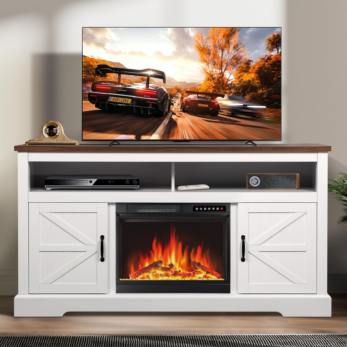 R.W.FLAME Electric Fireplace TV Stand for TVs up to 65 Inch, 4 Flame & 12 Log Colors, Farmhouse Media Console with Storage Shelves and Cabinets, Farmhouse Entertainment Center for Living Room, White