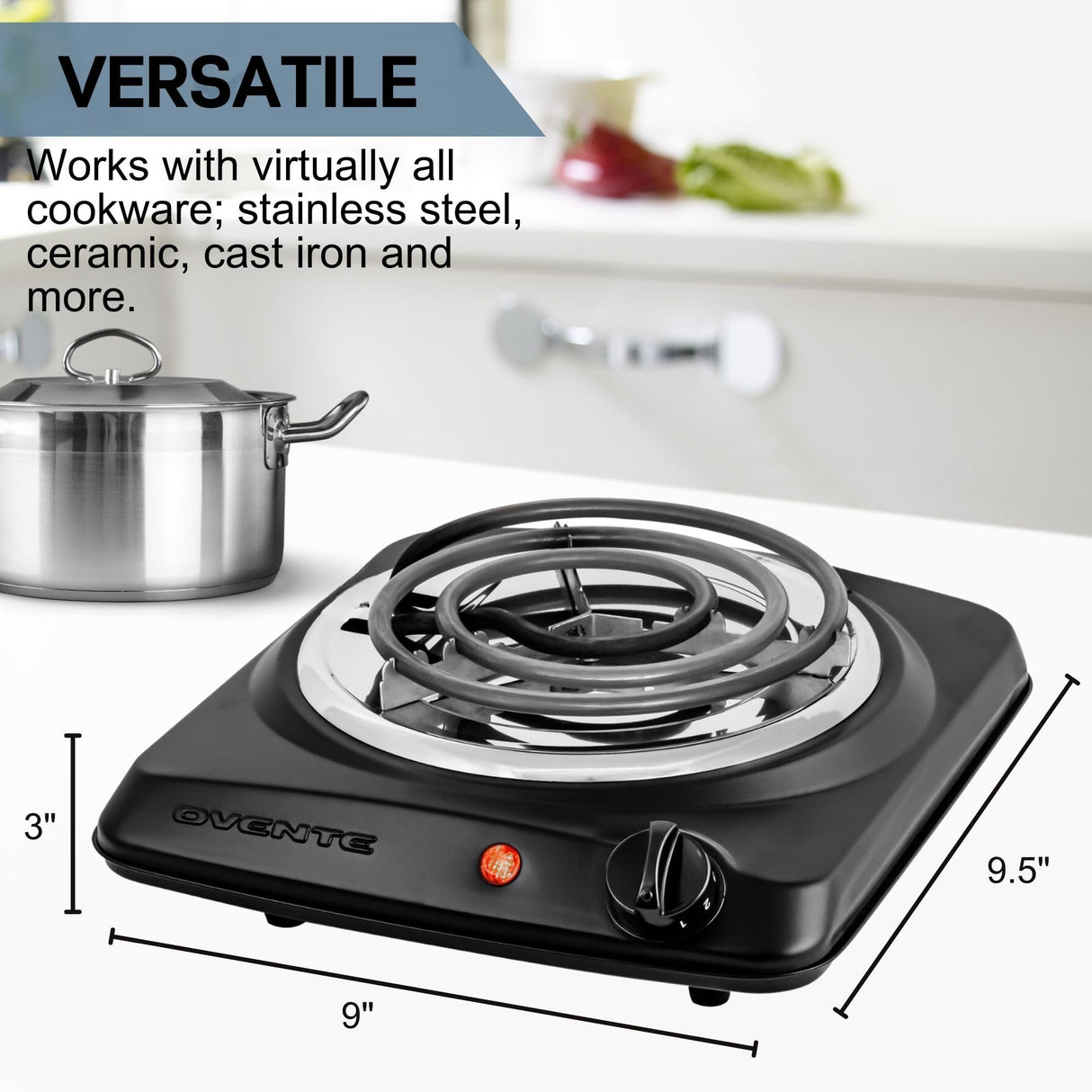 OVENTE Electric Countertop Single Burner, 1000W Cooktop with 6" Stainless Steel Coil Hot Plate, 5 Level Temperature Control, Indicator Light, Compact Cooking Stove and Easy to Clean, Black BGC101B OVENTE