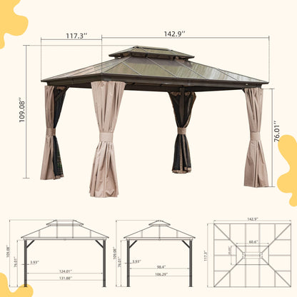 Domi 10' X 12' Hardtop Gazebo, Permanent Outdoor Gazebo with Polycarbonate Double Roof, Aluminum Gazebo Pavilion with Curtain and Net for Garden, Patio, Lawns, Deck, Backyard