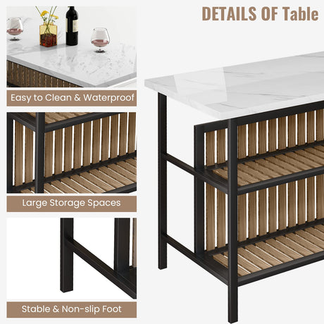 Lamerge Industrial 3-Piece Marble Bar Table Set with Storage Shelves and Stools in White Lamerge