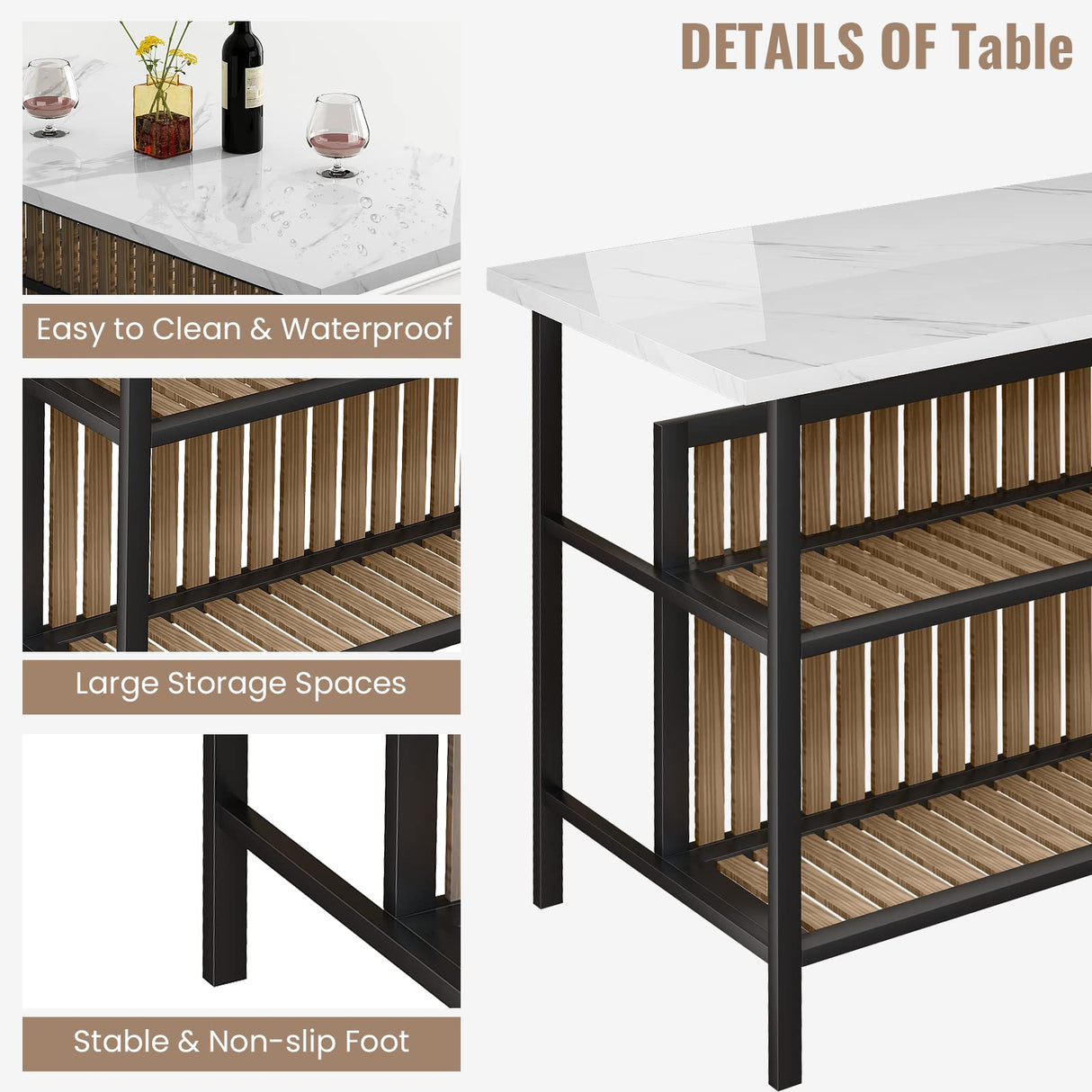 AWQM Kitchen Island with Seating & Storage Shelf, Faux Marble Island Table for Kitchen, Modern Bar Table and Chairs Set for 2,Dining Table Set for Small Space,White AWQM