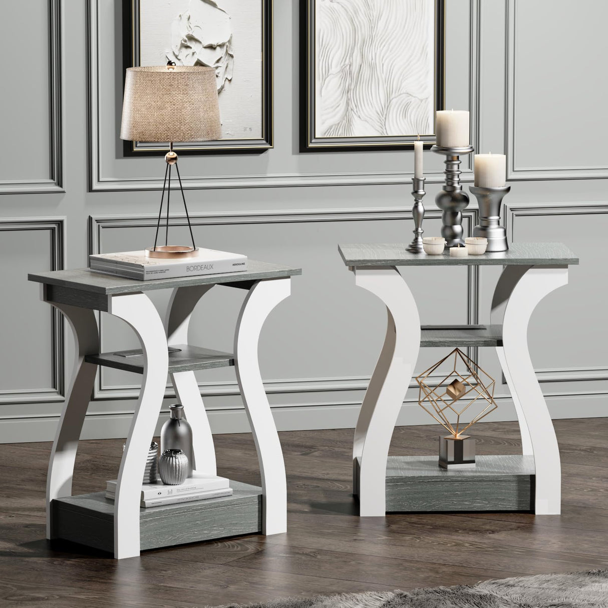 FROMJBEST End Table Set of 2 with Charging Station, Side Table with USB Ports and Outlets, Nightstand, 3 Tier End Table with Storage Shelf for Living Room, Bedroom (Grey Set of 2) FROMJBEST