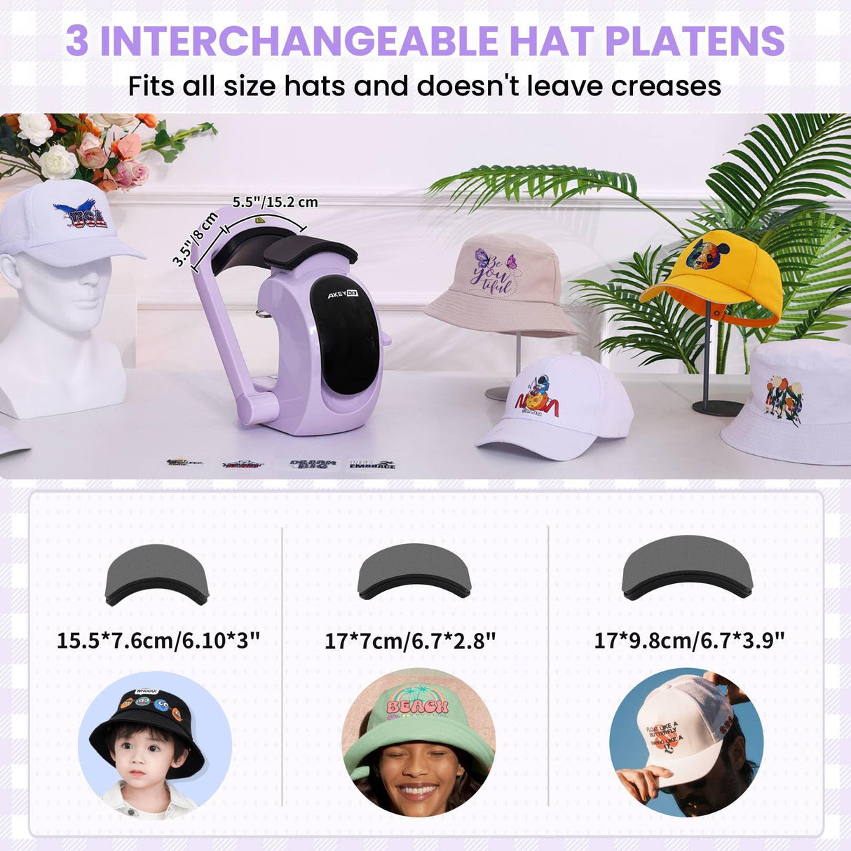 AKEYDIY 3-in-1 Auto Hat Heat Press Machine for Caps, with 3pcs Interchangeable Platens, Automatic Open & Release, Touchscreen for Precise Time & Temp Control, Heat Transfer Printing for Caps, Purple AKEYDIY