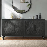 WILSHINE Sideboard Buffet Credenzas for Living Room, 63" Antique Black Entryway Table with Storage Accent Cabinet, Carved Flowers Doors & Wire Holes WILSHINE
