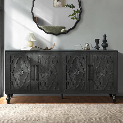 WILSHINE Sideboard Buffet Credenzas for Living Room, 63" Antique Black Entryway Table with Storage Accent Cabinet, Carved Flowers Doors & Wire Holes