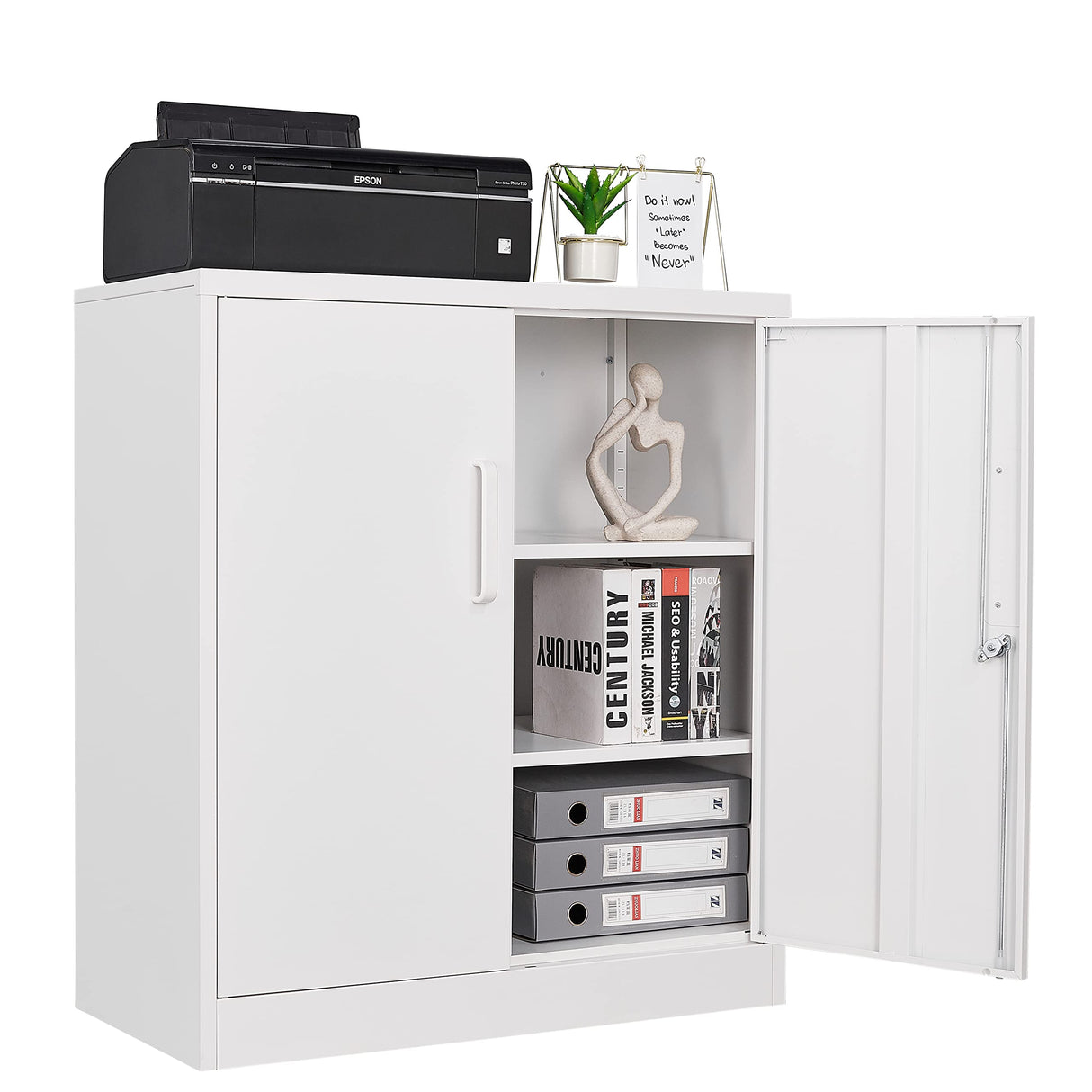 Yizosh Metal Garage Storage Cabinet with 2 Doors and 2 Adjustable Shelves - 35.5" Steel Lockable File Cabinet,Locking Counter Cabinet for Home Office,Garage,Gym,School (White) Yizosh