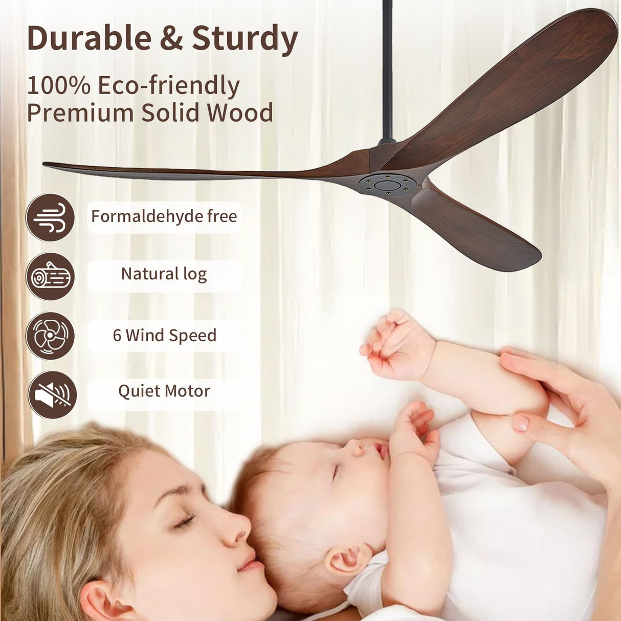 72" Ceiling Fans Without Lights, 72 Inch Outdoor Ceiling Fans no Lights, 3 Blade Solid Wood Damp Rated Ceiling Fan with Remote Control for Living Room Gazebo Farmhouse/Patios Porch - Dark Walnut Zronon