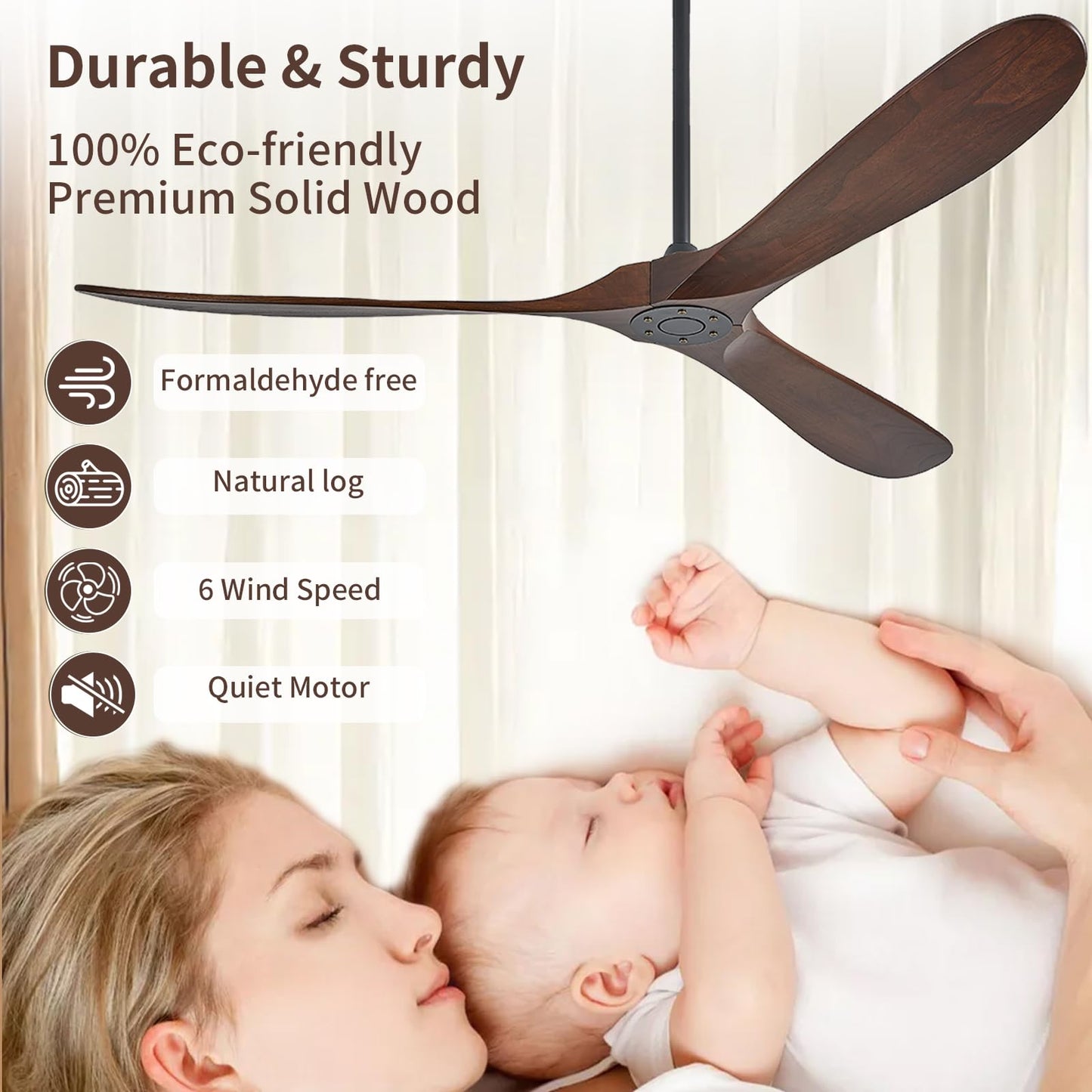 72" Ceiling Fans Without Lights, 72 Inch Outdoor Ceiling Fans no Lights, 3 Blade Solid Wood Damp Rated Ceiling Fan with Remote Control for Living Room Gazebo Farmhouse/Patios Porch - Dark Walnut