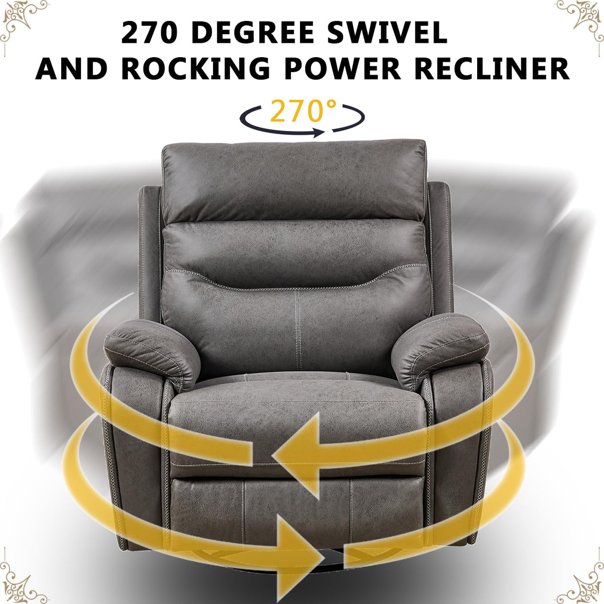 Power Swivel Recliner Chair, 270° Swivel Recliner Glider Rocker for Adults with Dual Motor, One-Key Reset Button, Electrical Adjustable Headrest and USB Ports for Living Room, Grey YiMiYom