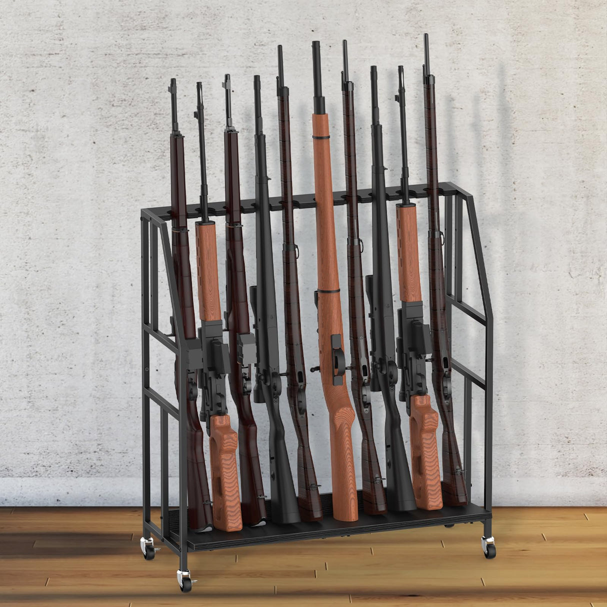 Gun Racks, Floor Standing Shotgun Rack Indoor Outdoor, Heavy Duty Metal Frame Wooden Rifle Racks with Wheels, Vertical Display Stand for Home Garage Gun Storage - Holds up to 10 Long Guns Nandae