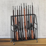 Gun Racks, Floor Standing Shotgun Rack Indoor Outdoor, Heavy Duty Metal Frame Wooden Rifle Racks with Wheels, Vertical Display Stand for Home Garage Gun Storage - Holds up to 10 Long Guns Nandae