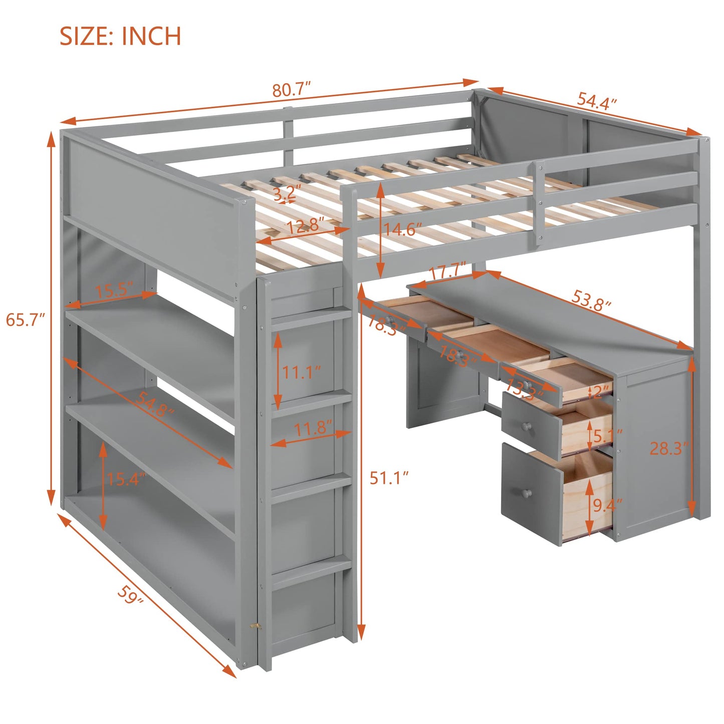 CITYLIGHT Grey Full Loft Bed with Desk, Shelves, and Storage Drawers for Kids - WoodArtSupply