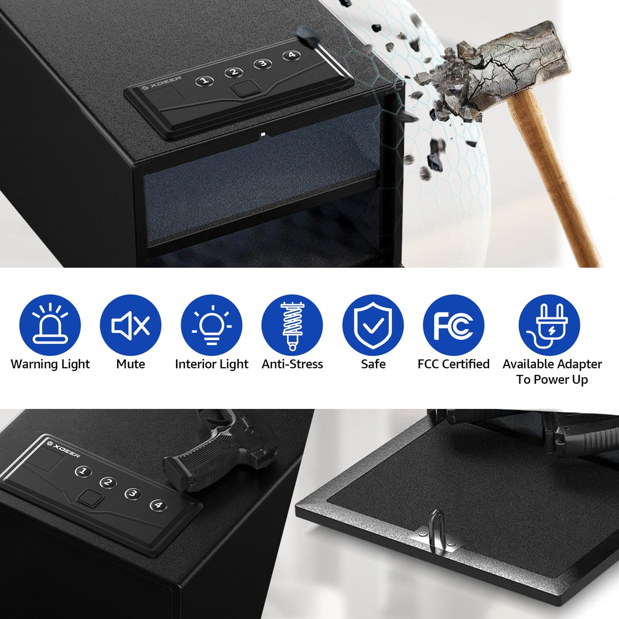 XDeer Biometric Pistol Safe (FCC & California DOJ Certified) - Quick Access Handgun Safe with Fingerprint & Digital Keypad, APP Bluetooth Secure Home Gun Safe for up to 4 Pistols (No Cleaning Kit) XDeer