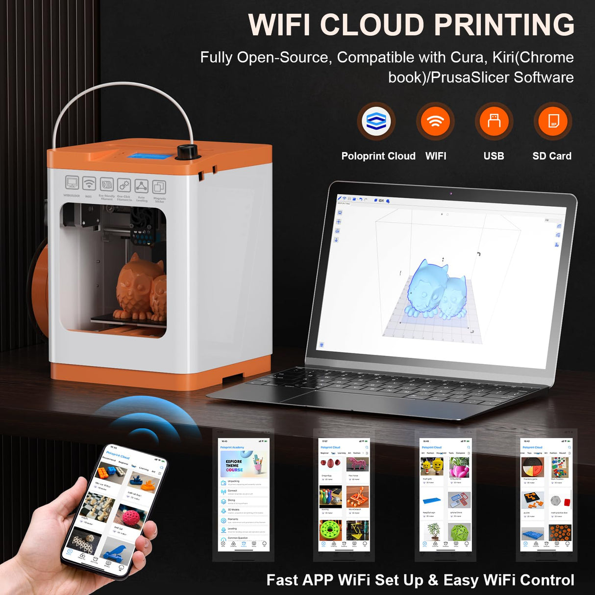 Newest Tina2S 3D Printer, HEPHI3D 3D Printers WiFi Cloud Printing Auto Bed Leveling, Fully Assembled Mini 3D Printers for Beginners, Silent Print, Fully Open Source DIY 3D Printers for Home, School HEPHI3D