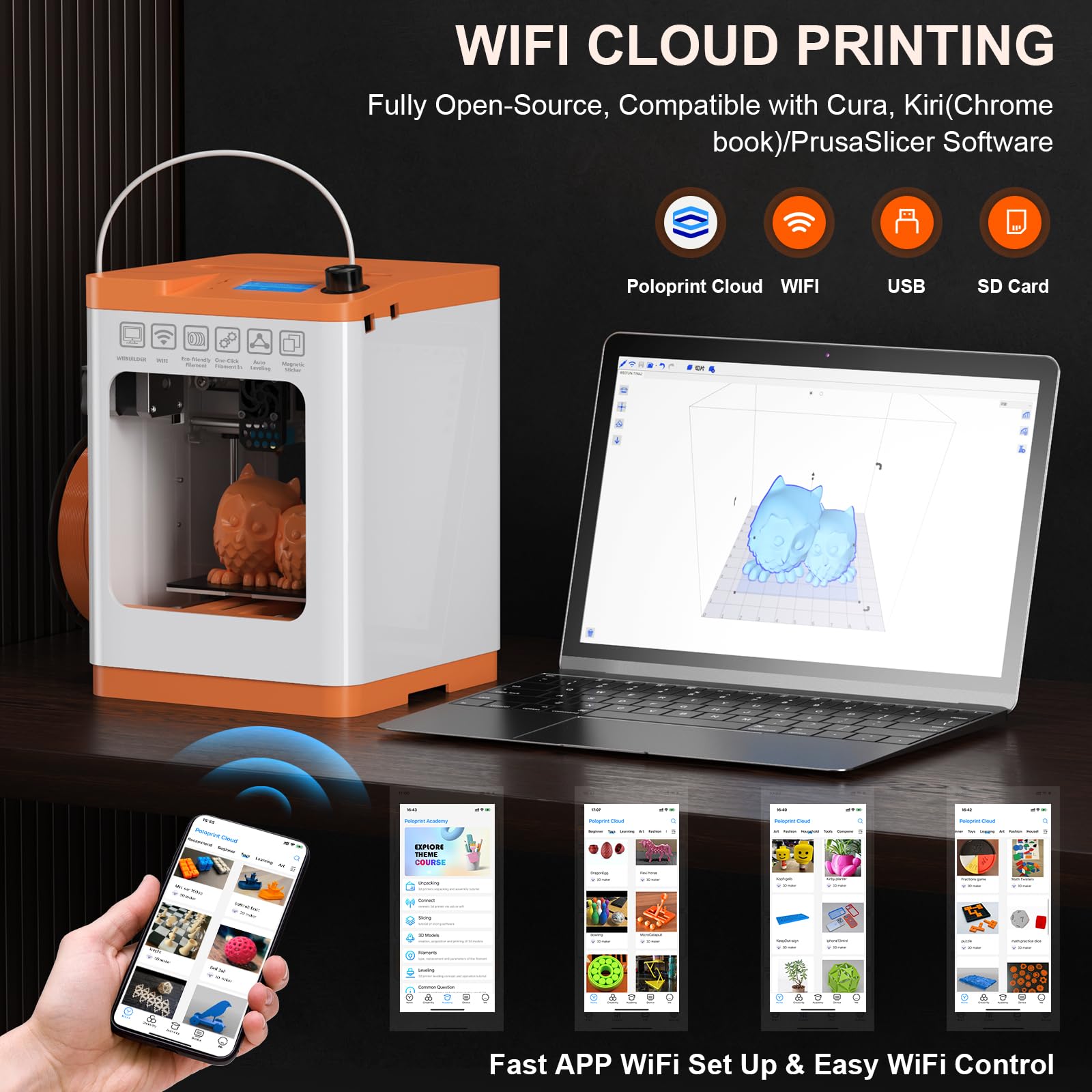 Newest Tina2S 3D Printer, HEPHI3D 3D Printers WiFi Cloud Printing Auto Bed Leveling, Fully Assembled Mini 3D Printers for Beginners, Silent Print, Fully Open Source DIY 3D Printers for Home,  - WoodArtSupply