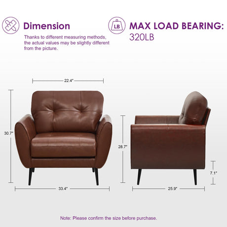 TYBOATLE Accent Chairs Set of 2, Comfy Modern Living Room Brown Leather Reading Accent Chairs Tufted Mid Century Arm Chair Small Salon Chair for Office Bedroom (2, Brown) TYBOATLE
