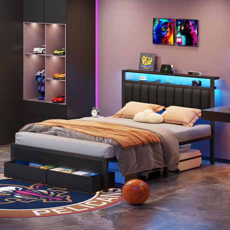 Furnulem Queen Bed Frame with Charging Station and LED Lights, Grey Upholstered Headboard with Shelves, Metal Platform Bed with 2 Under-Bed Storage (Fabric Drawer on Wheels), No Box Spring Needed Furnulem