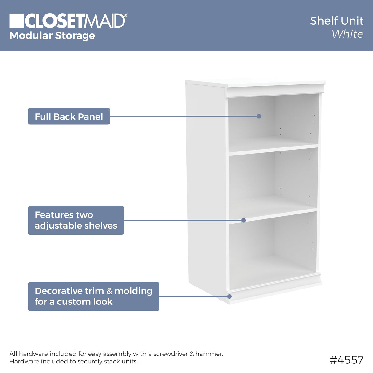 ClosetMaid Modular Storage 21.38-inch W 3-Shelf 4-Drawer Tower Wood Closet System, White ClosetMaid
