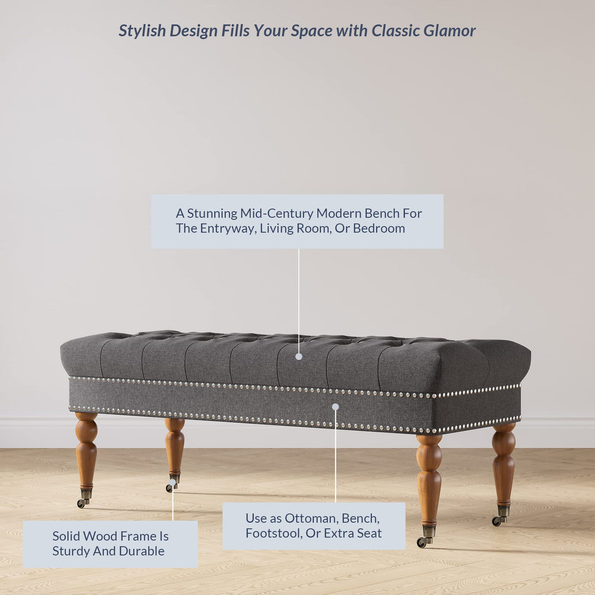 BELLEZE 47-Inch Upholstered Ottoman Bench, Moveable Tufted Ottoman Bench with Caster Wheels, Tufted Ottoman for Living Room, Entryway, or Bedroom - Brooke (Dark Grey) BELLEZE