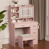 Viaozutis Vanity Desk with a Mirror and Lights，with Chair and Four Drawers, Three Adjustable Lighting Modes，with Power Outlet and Sliding LED Mirror,Bedroom Vanity Desk (Pink) Viaozutis
