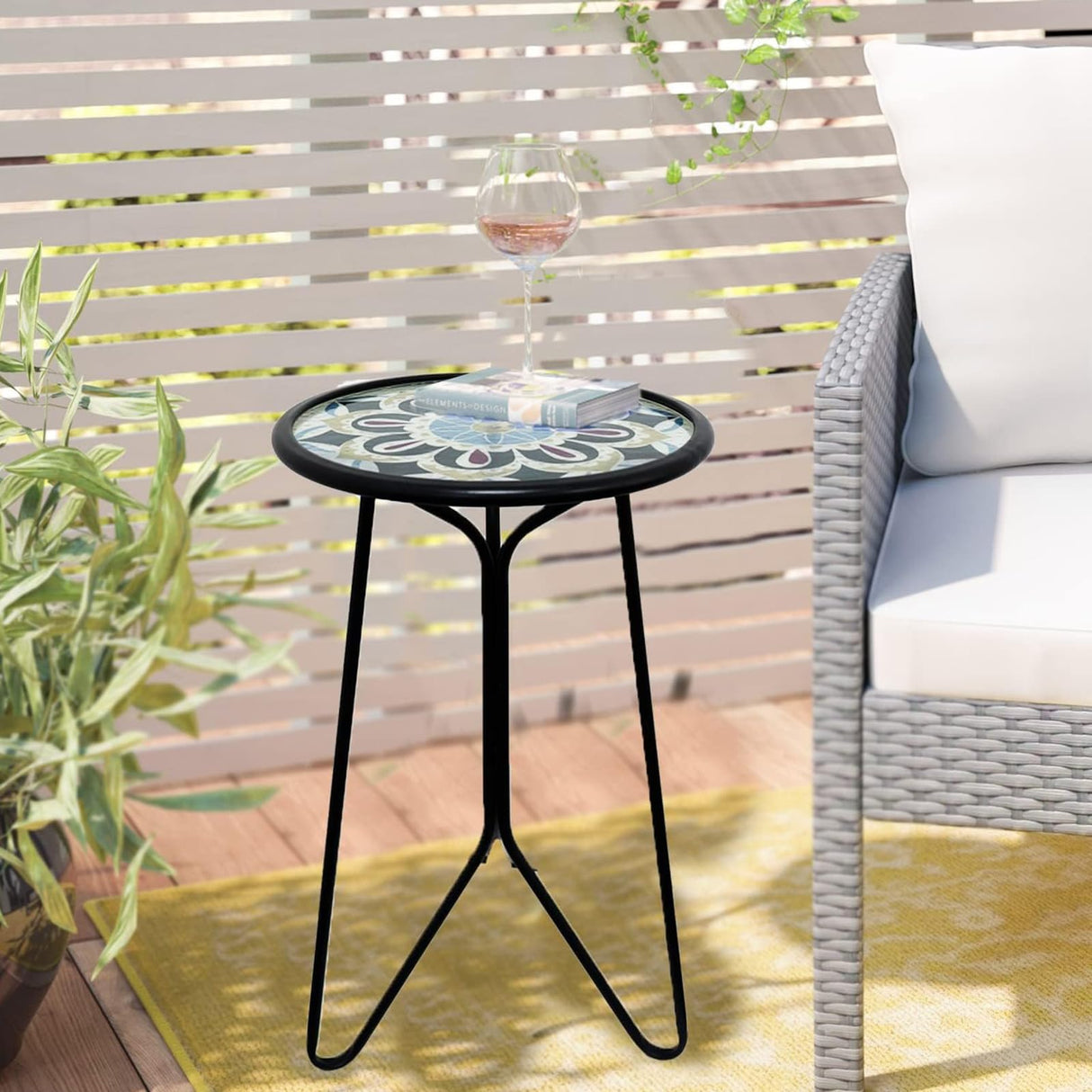 LIFFY Outdoor Side Table,12" Indoor Outdoor Round Glass Tabletop Accent Table with Metal Frame, Decorative Plant Stand & End Table for Patio, Garden, Yard, Kitchen, Porch LIFFY