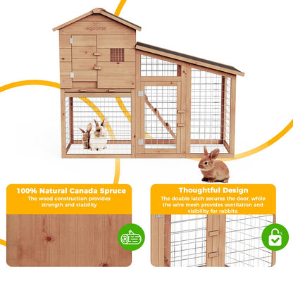 SOCOME 65" Solid Wood Rabbit Cage, Outdoor Rabbit Hutch with Run Area, Ventilation Fencing, Openable Roof, Lockable Doors and Ramp, Waterproof Animal House for Cats, Guinea Pigs, Ducks, Cherry