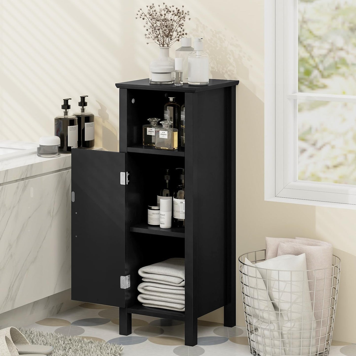 Tangkula Bathroom Floor Cabinet, Storage Cabinet with Anti-Tipping Device, 3-Height Adjustable Shelf, Wood Freestanding Side Cabinet for Bathroom Home Office, 12 x 12 x 31.5 Inches (Black)