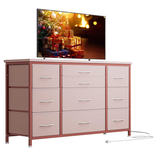 Jojoka Wide Dresser with 10 Large Drawers for 55'' Long TV Stand with Power Outlet Entertainment Center, Storage Fabric Drawer Unit for Bedroom, Closet, Entryway, Sturdy Metal Frame, Pink