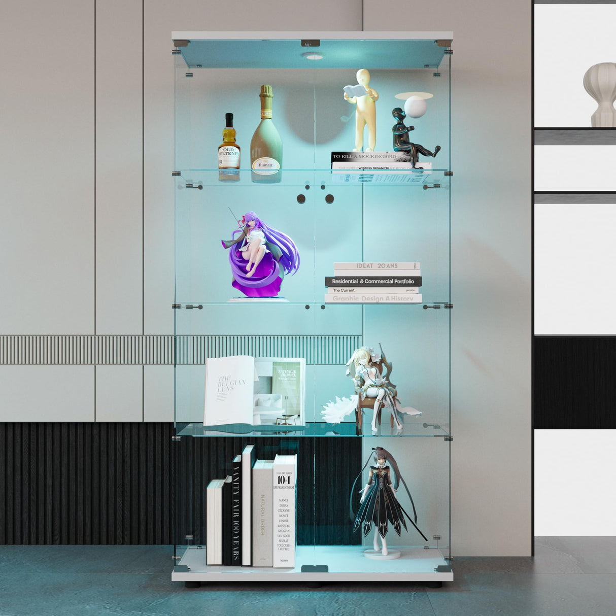 nifoti 64.5" H 4-Shelf LED Lights Glass Display Cabinet with Double Door,Modern Curio Cabinet Collection Display Case,Floor Standing Bookshelf Glass Case with Lock for Living Room,Home Office (White) nifoti